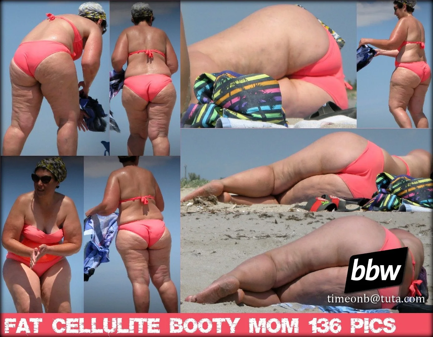 Huge cellulite butt MILF beach candid MILF with huge cellulite butt in tiny bikini at the beach candid voyeur